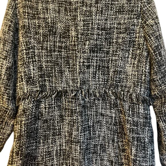 Sandro Tweed Long Jacket Black Boucle Blazer Fringe Collarless Classic Size L - Picture 11 of 12